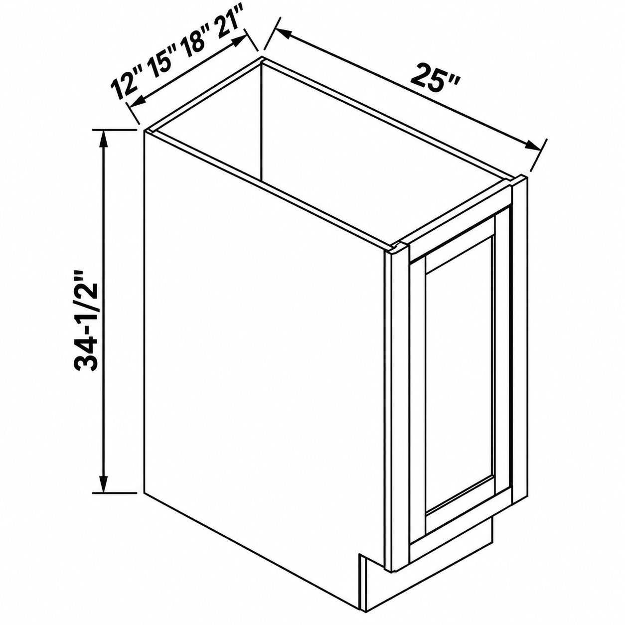 MDI Inset single full-height door base drawing — 12, 15, 18 or 21 inches wide, 34.5 inches high and 25 inches deep