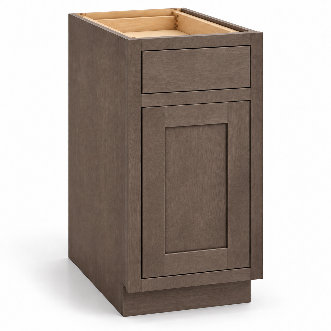 MDI Inset 18-inch double waste bin base with a slab drawer and recessed-panel lower front in Truffle Brown