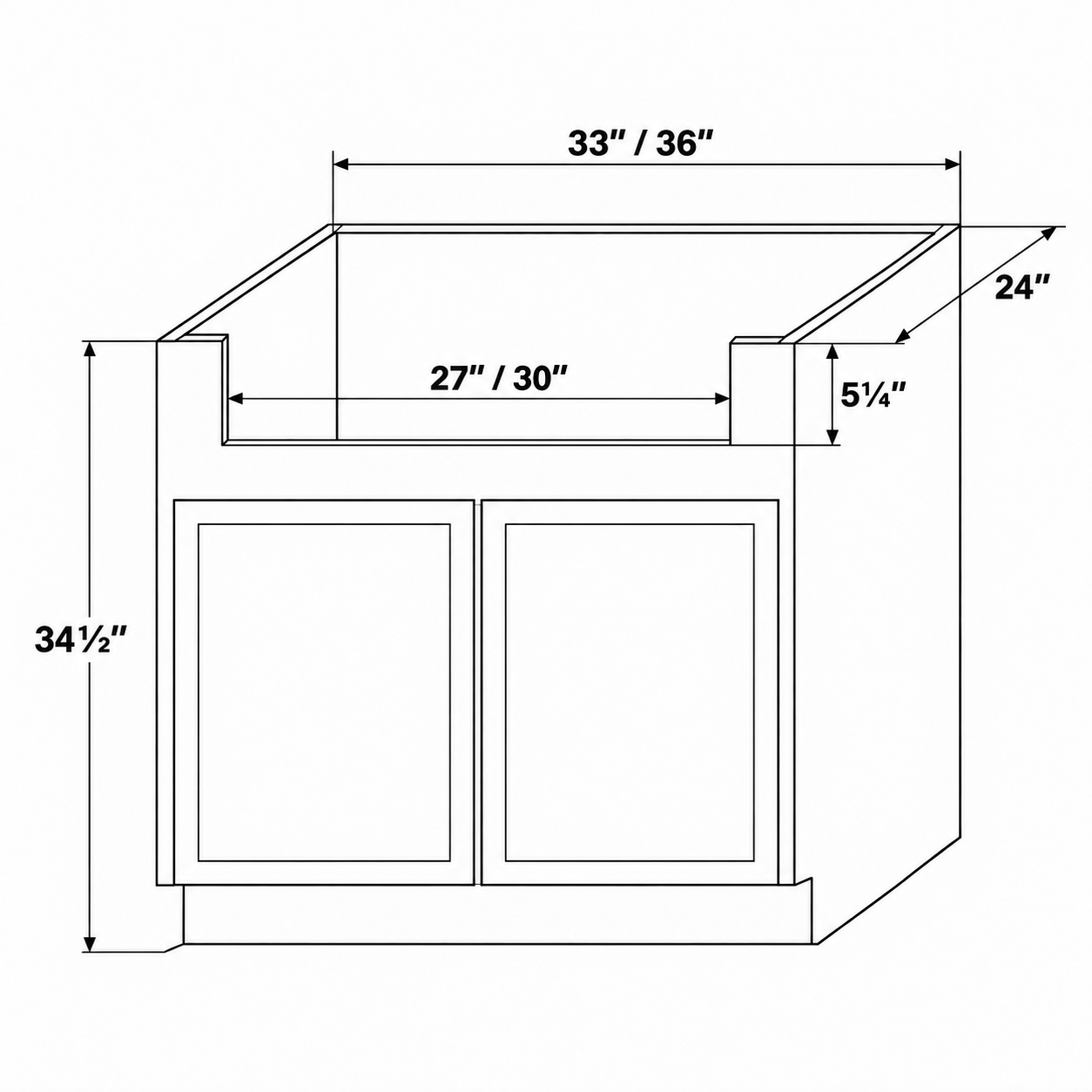 Slim Shaker Farmhouse Sink Base Cabinet — 33 and 36 Inch Dimensions