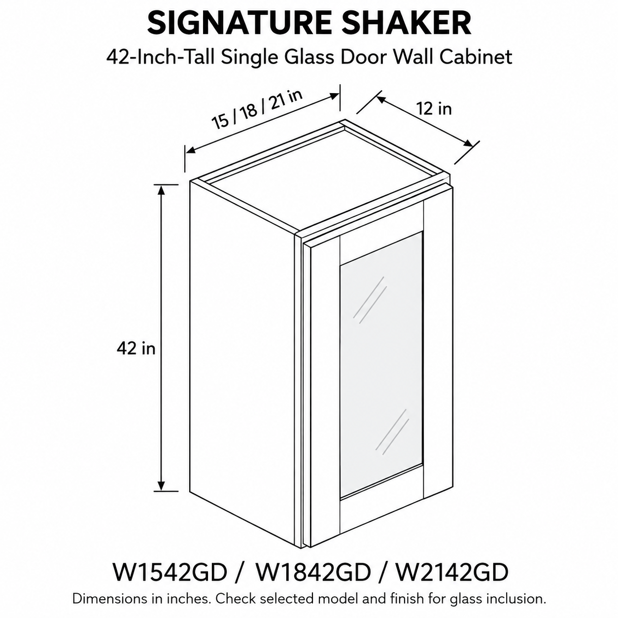 Signature Shaker 42-Inch-Tall Single Glass Door Wall Cabinet dimensions and configuration