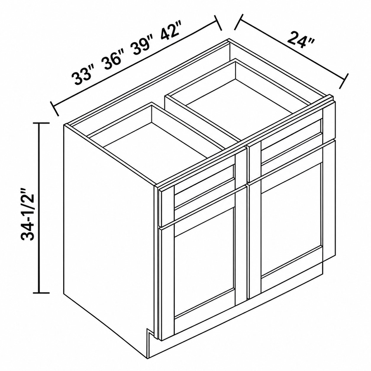 Signature Shaker two-door two-drawer base dimensions: 33, 36, 39 or 42 inches wide, 34.5 inches high, 24 inches deep