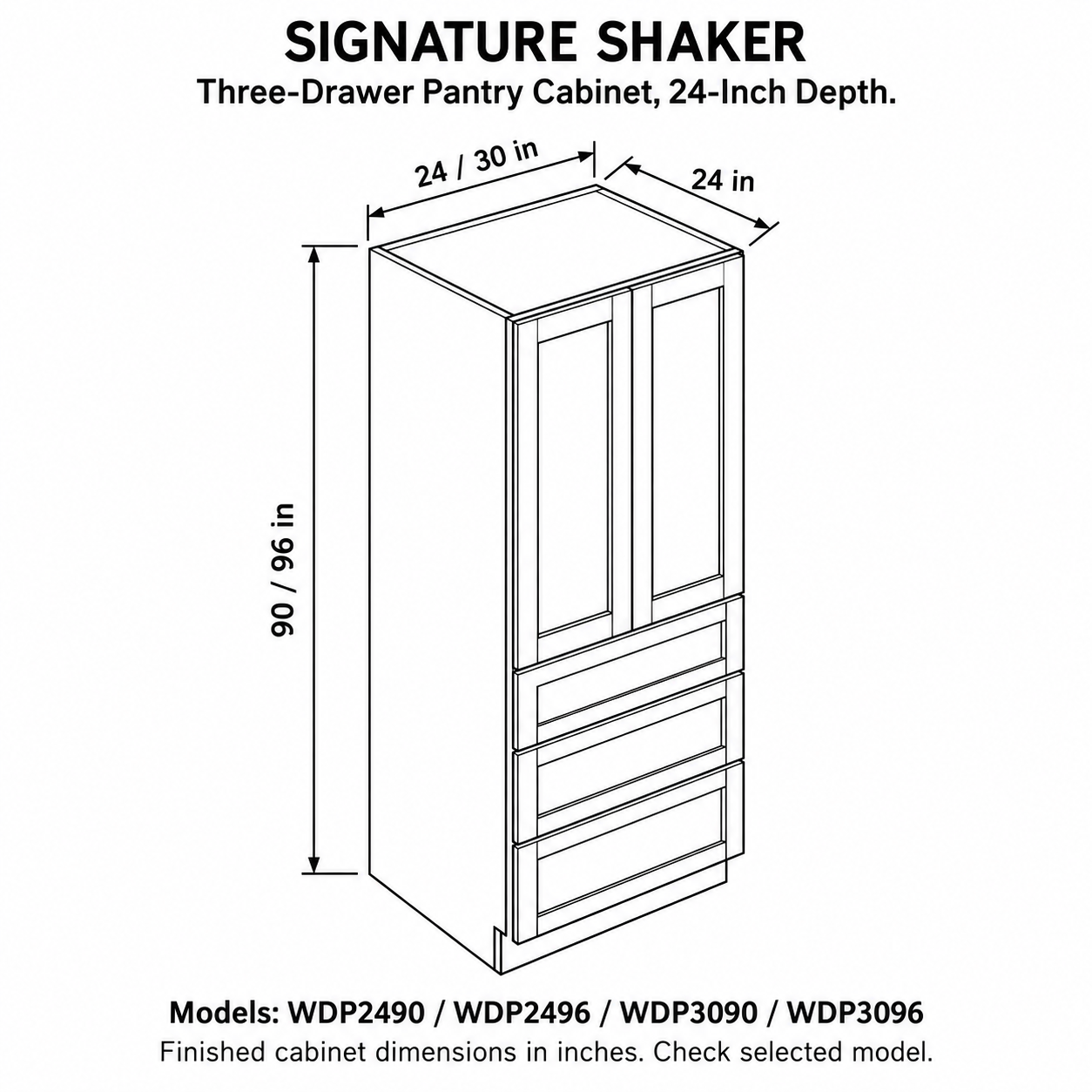 Signature Shaker Three-Drawer Pantry Cabinet, 24-Inch Depth dimensions and configuration