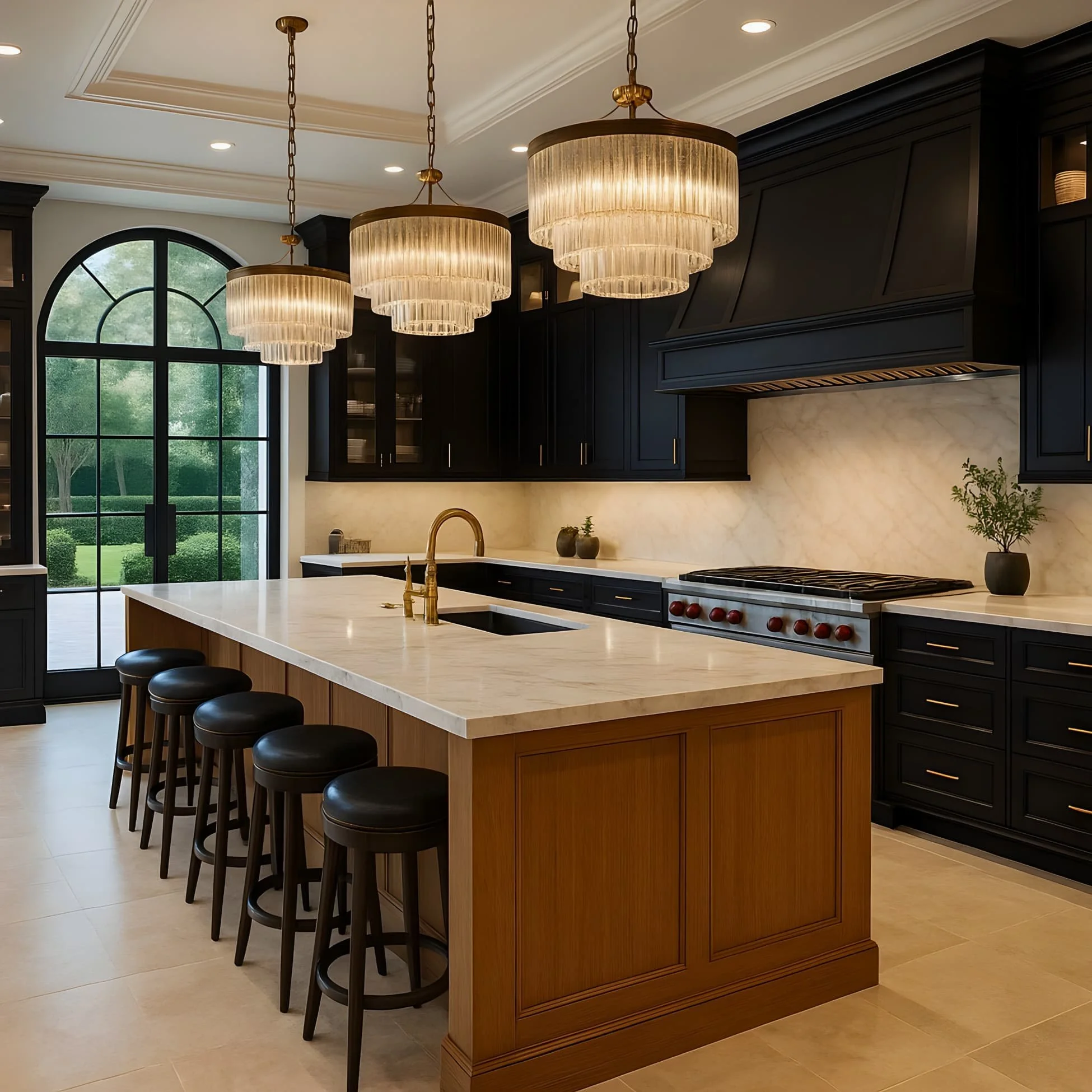 Modern kitchen with black cabinets, beige walls, island with white marble countertop, four black stools, large arched window, hanging pendant lights, stove with red knobs, gold faucet, and potted plants.