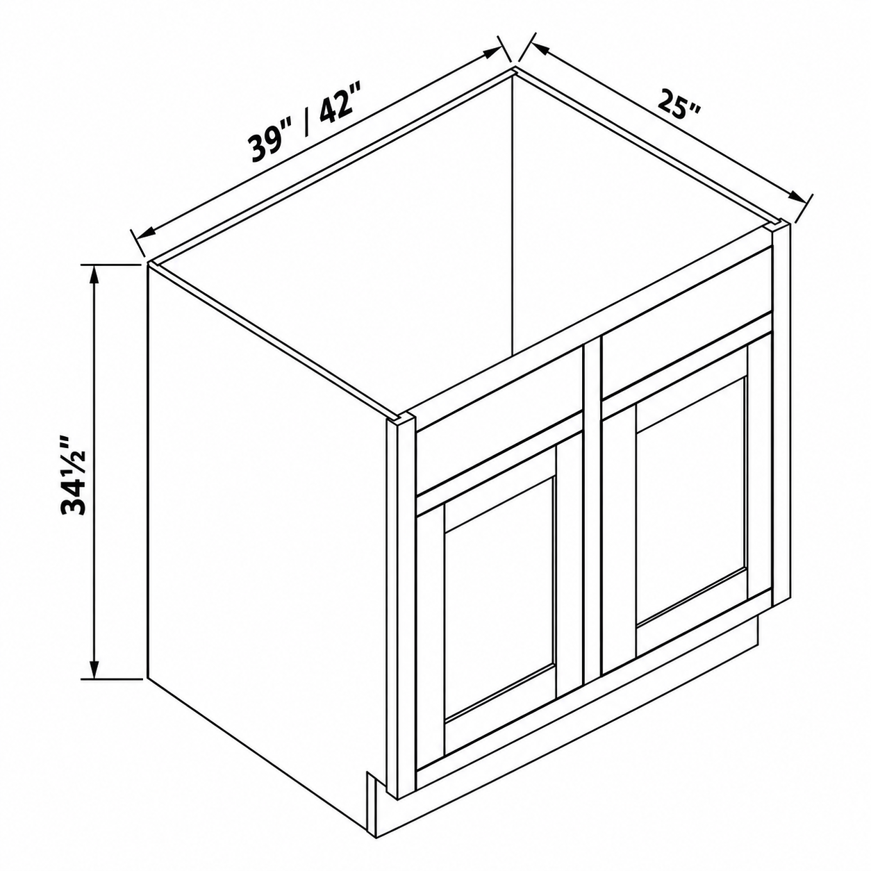 MDI Inset sink base dimensions: 39, 42 inches wide, 34.5 inches high and 25 inches deep