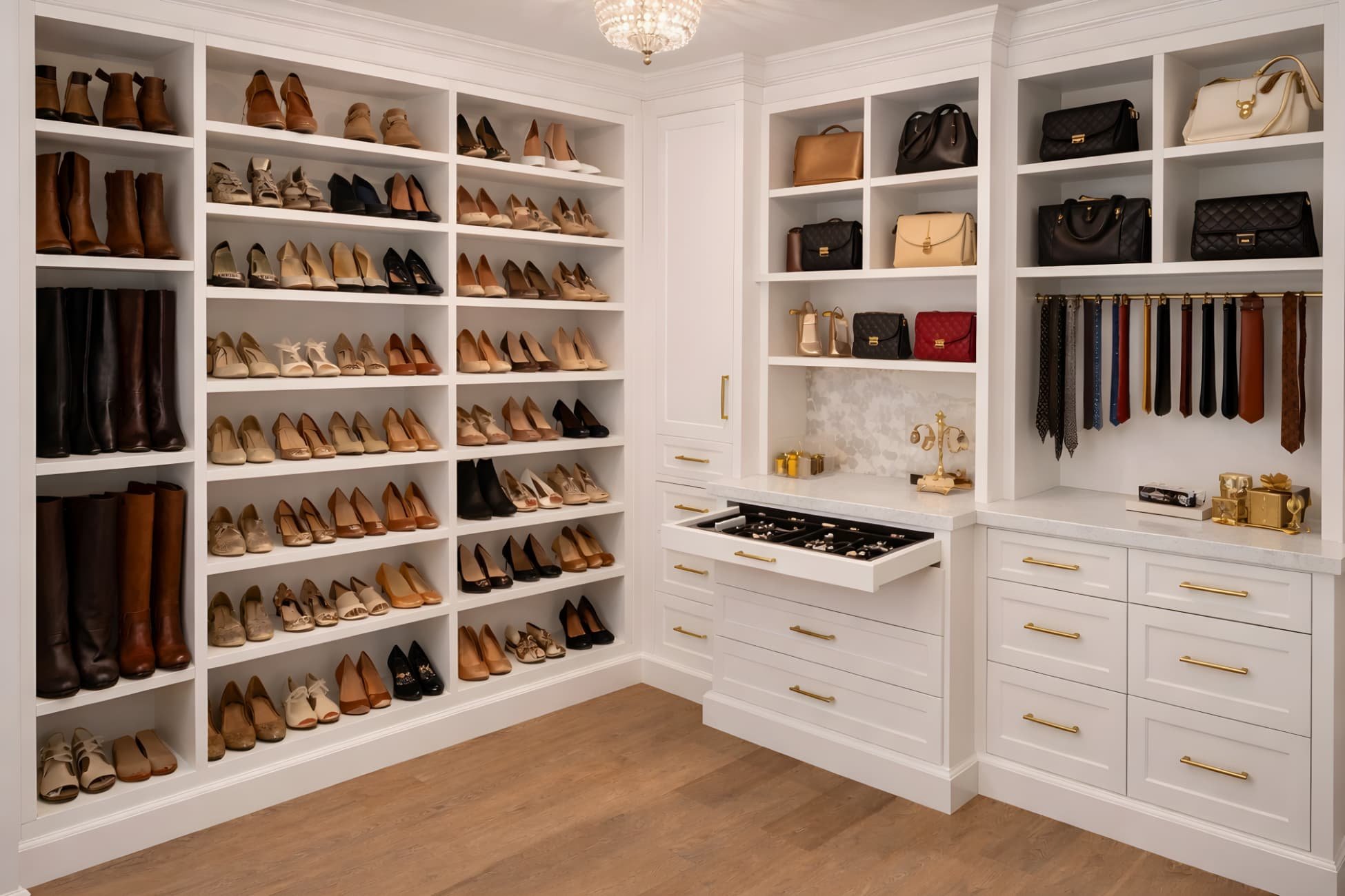 custom shoe wall and accessory storage system with built in shelving for shoes handbags belts and jewelry in a luxury walk in closet by mdi luxury cabinetry