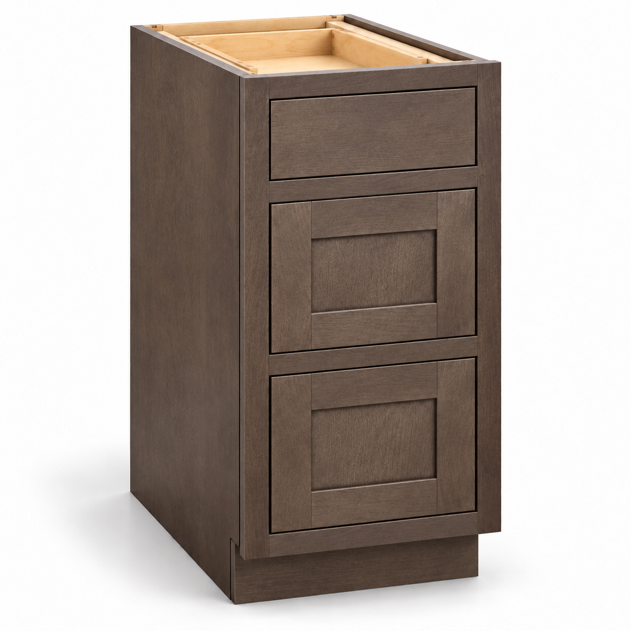 MDI Inset DB18-3 Truffle Brown base with one slab top drawer and two recessed-panel lower drawers within a visible face frame