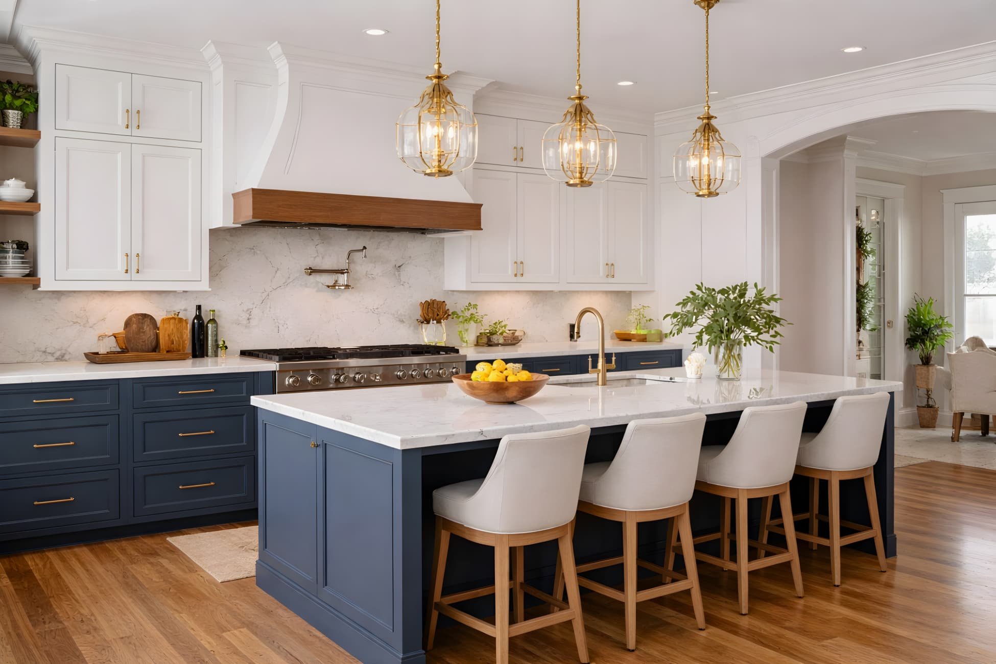 Luxury custom kitchen with high-end cabinetry, marble island, premium hardware, and professional-grade appliances in a modern home