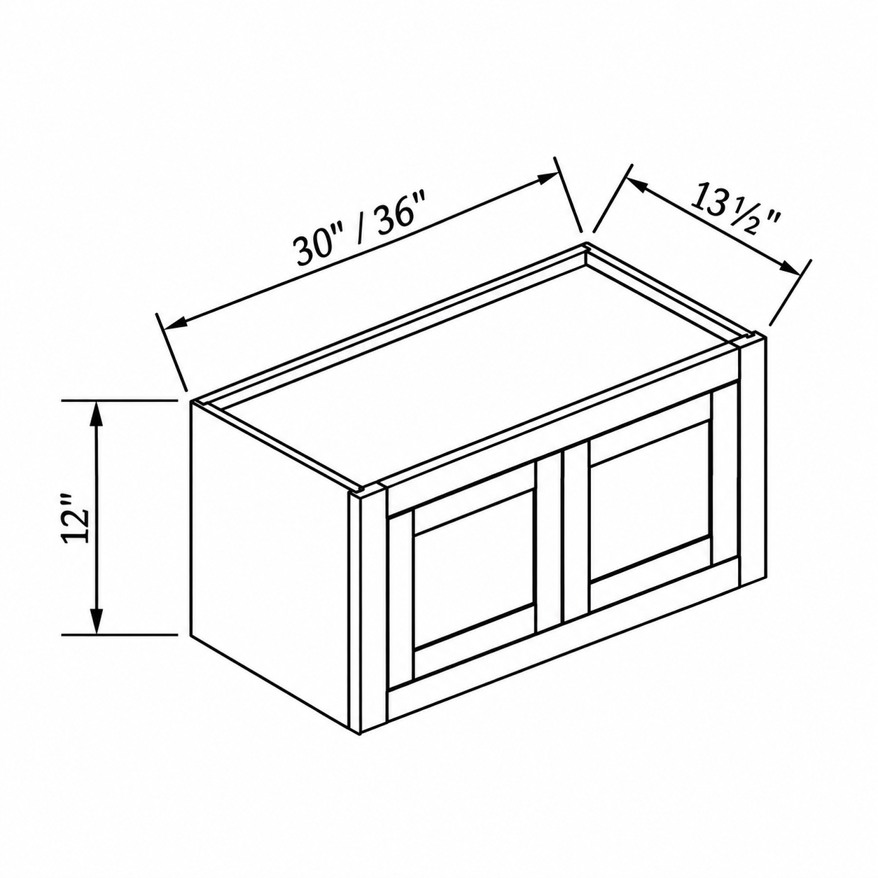 MDI Inset double-door wall cabinet dimensions: 30, 36 inches wide, 12 inches high and 13.5 inches deep