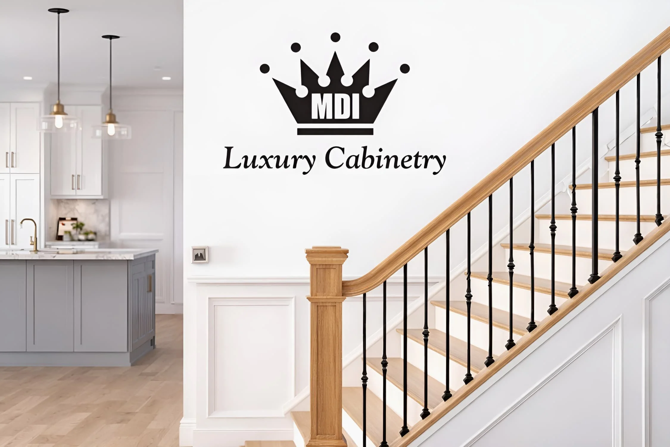 Modern staircase with wood treads and black iron balusters in a bright interior, paired with kitchen cabinetry design and MDI Luxury Cabinetry branding