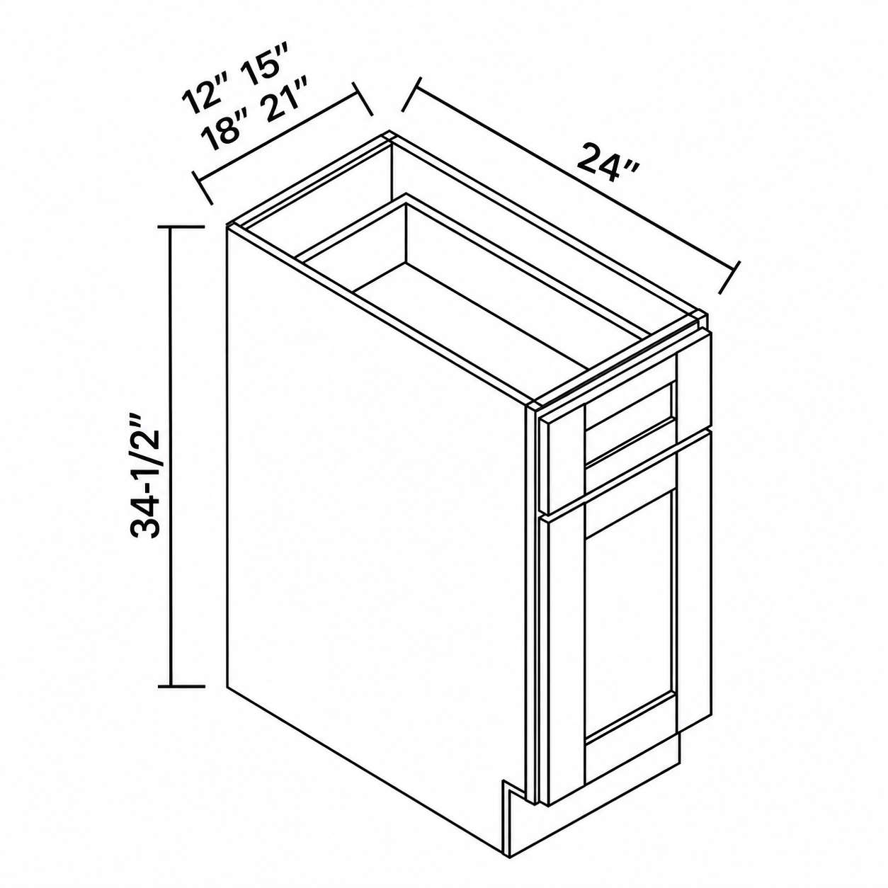 Signature Shaker one-door one-drawer base dimensions: 12, 15, 18 or 21 inches wide, 34.5 inches high and 24 inches deep