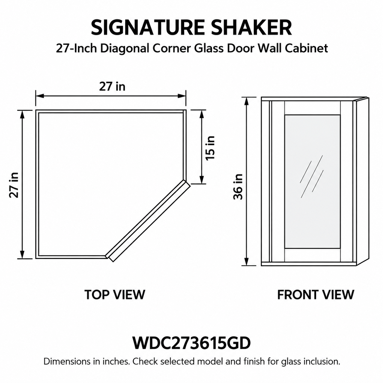 Signature Shaker 27-Inch Diagonal Corner Glass Door Wall Cabinet dimensions and configuration