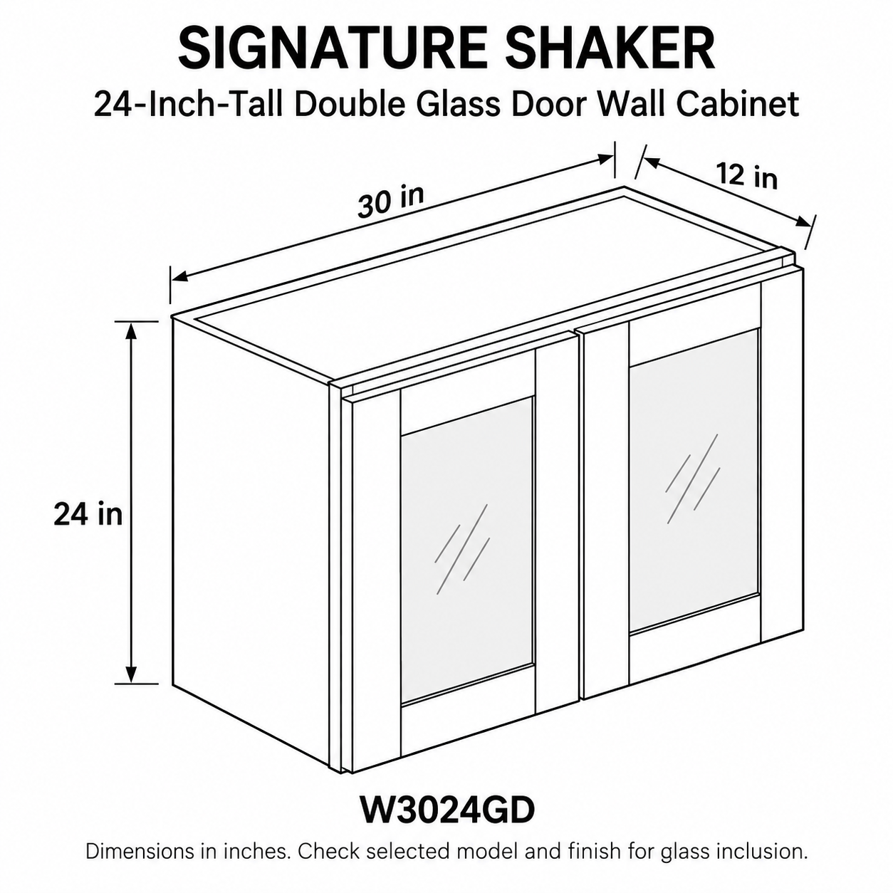 Signature Shaker 24-Inch-Tall Double Glass Door Wall Cabinet dimensions and configuration