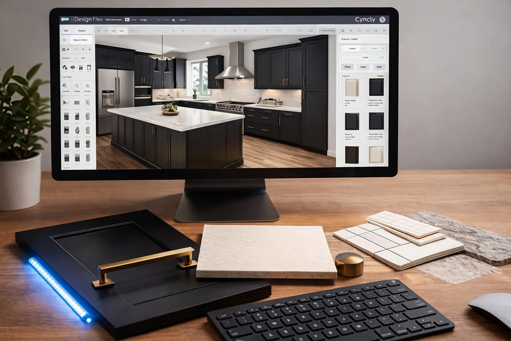 Kitchen being designed in 3D software with physical cabinet door samples, hardware, and lighting selections on desk