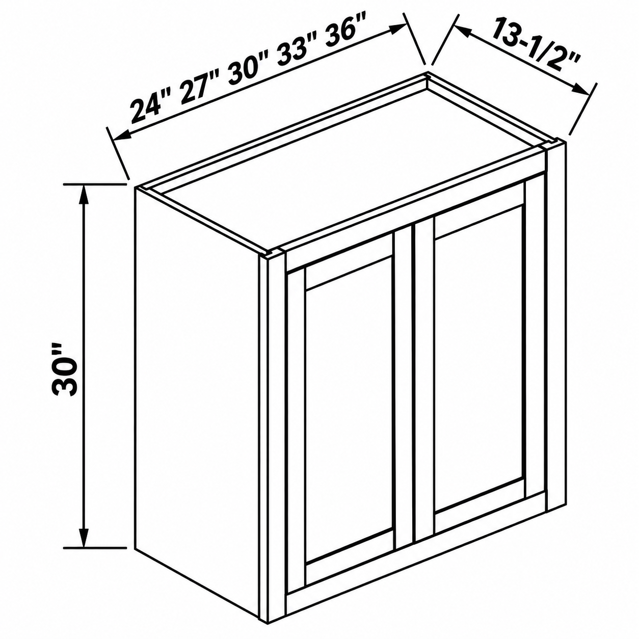 MDI Inset double-door wall dimensions: 24, 27, 30, 33 or 36 inches wide, 30 inches high and 13.5 inches deep