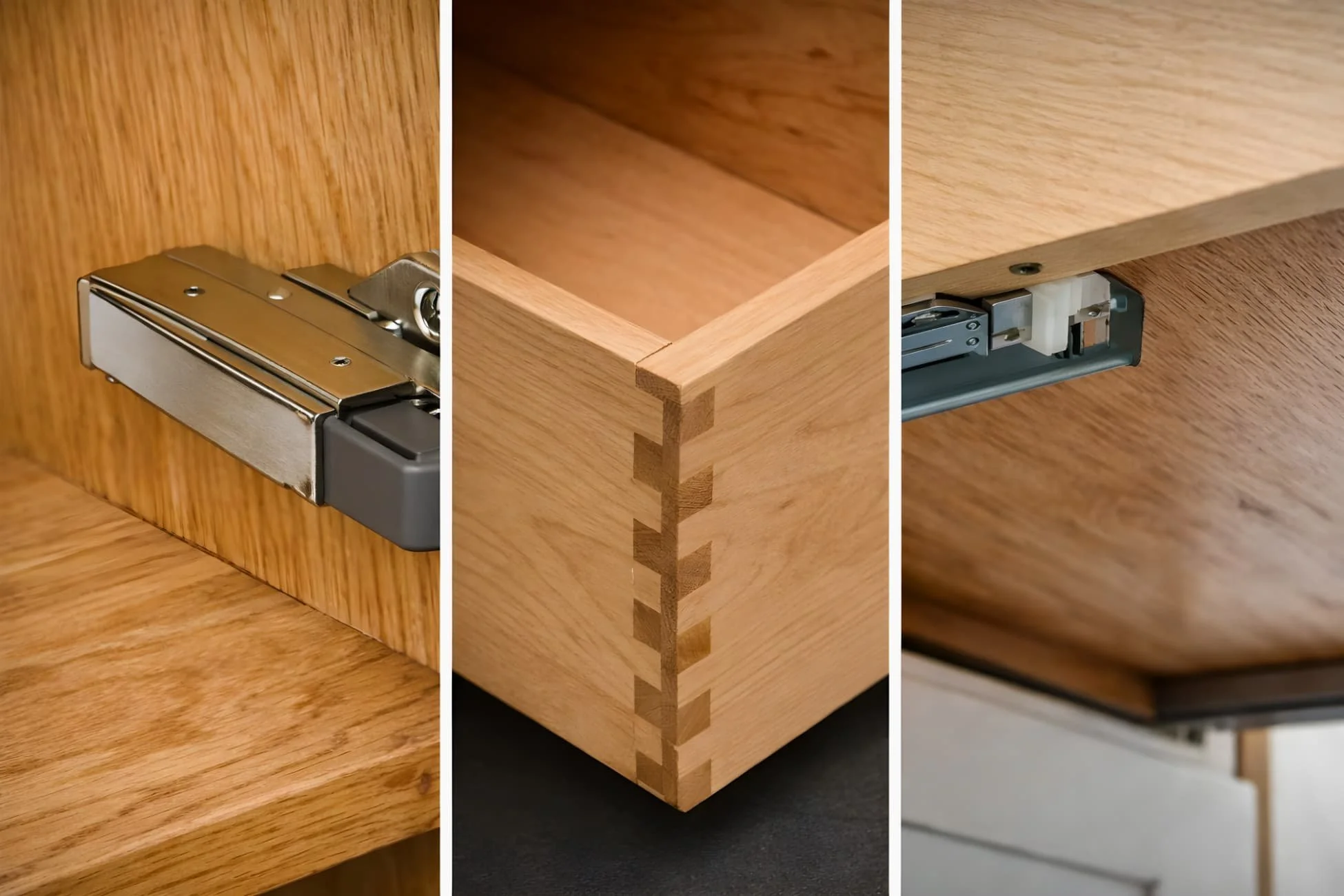 Luxury cabinet details showing solid wood dovetail drawers and soft-close hardware systems