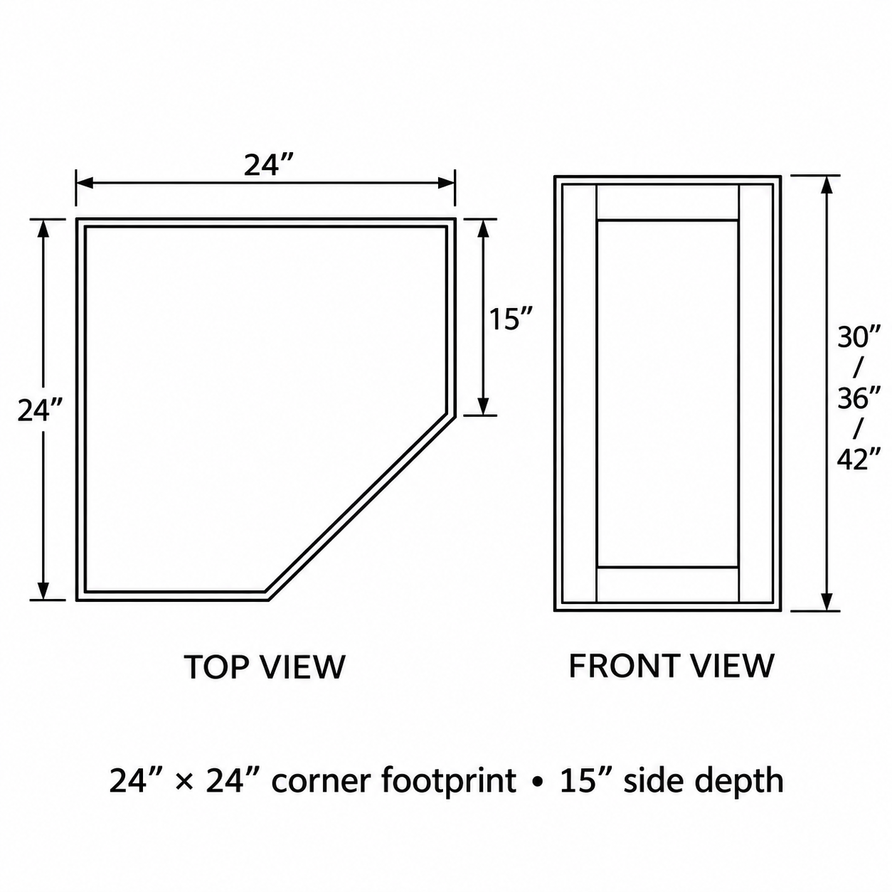 Signature Shaker 24-Inch Diagonal Corner Wall Cabinet, 15-Inch Side Depth dimensions and configuration