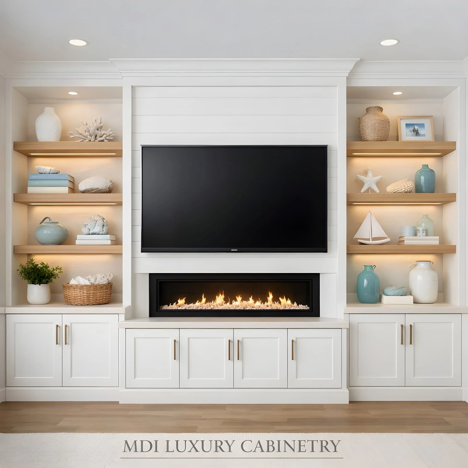 Luxury coastal built-in entertainment center with white shaker cabinetry, white oak floating shelves, LED lighting, and linear fireplace below mounted TV