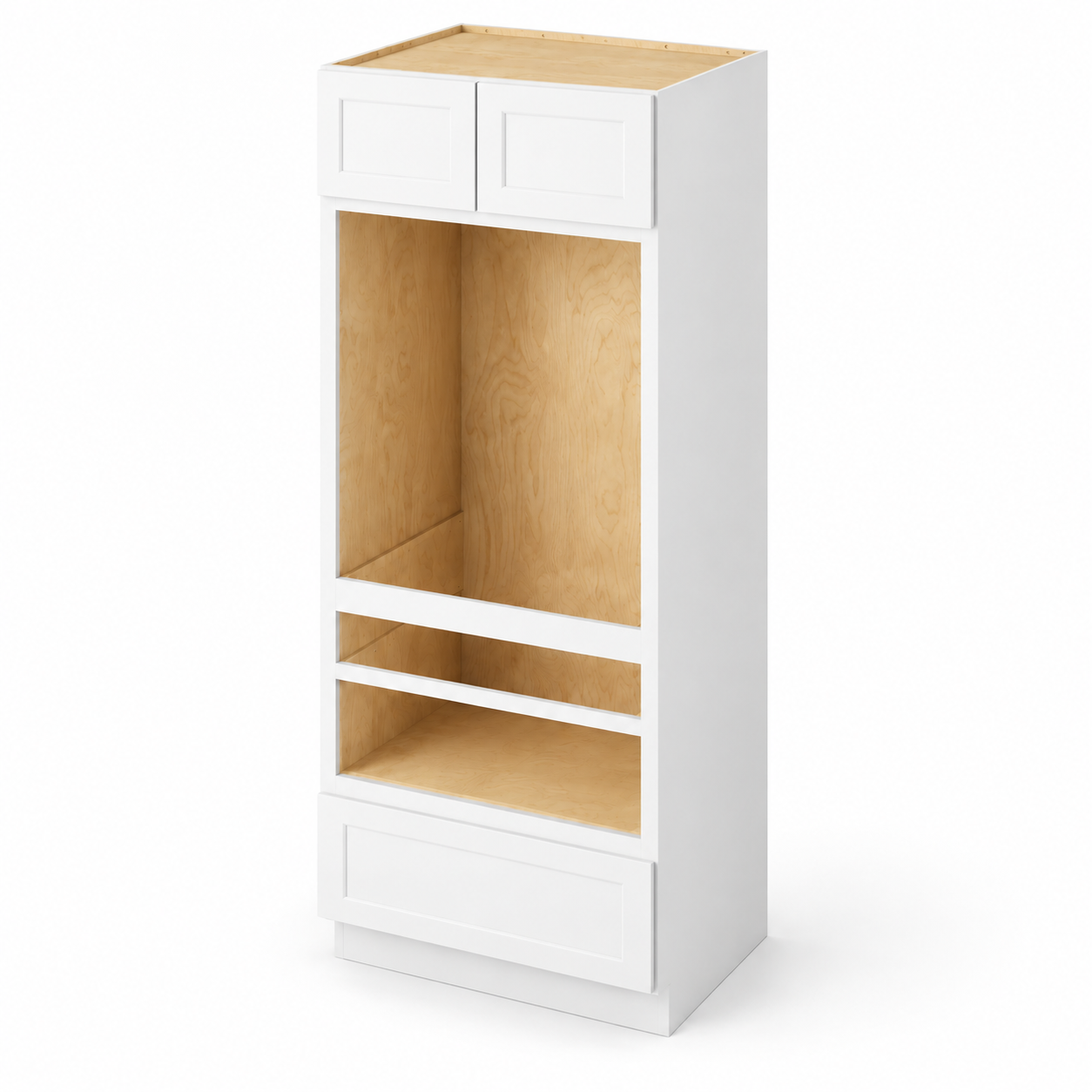 Maui Polar White Universal oven cabinet, 33 inches wide and 84 inches tall, with two upper doors and one bottom drawer