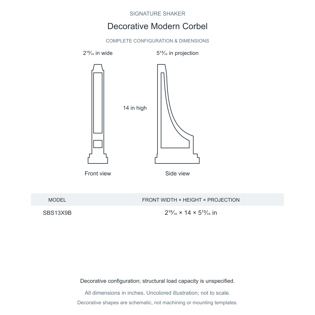 Signature Shaker Decorative Modern Corbel complete configuration and dimensions