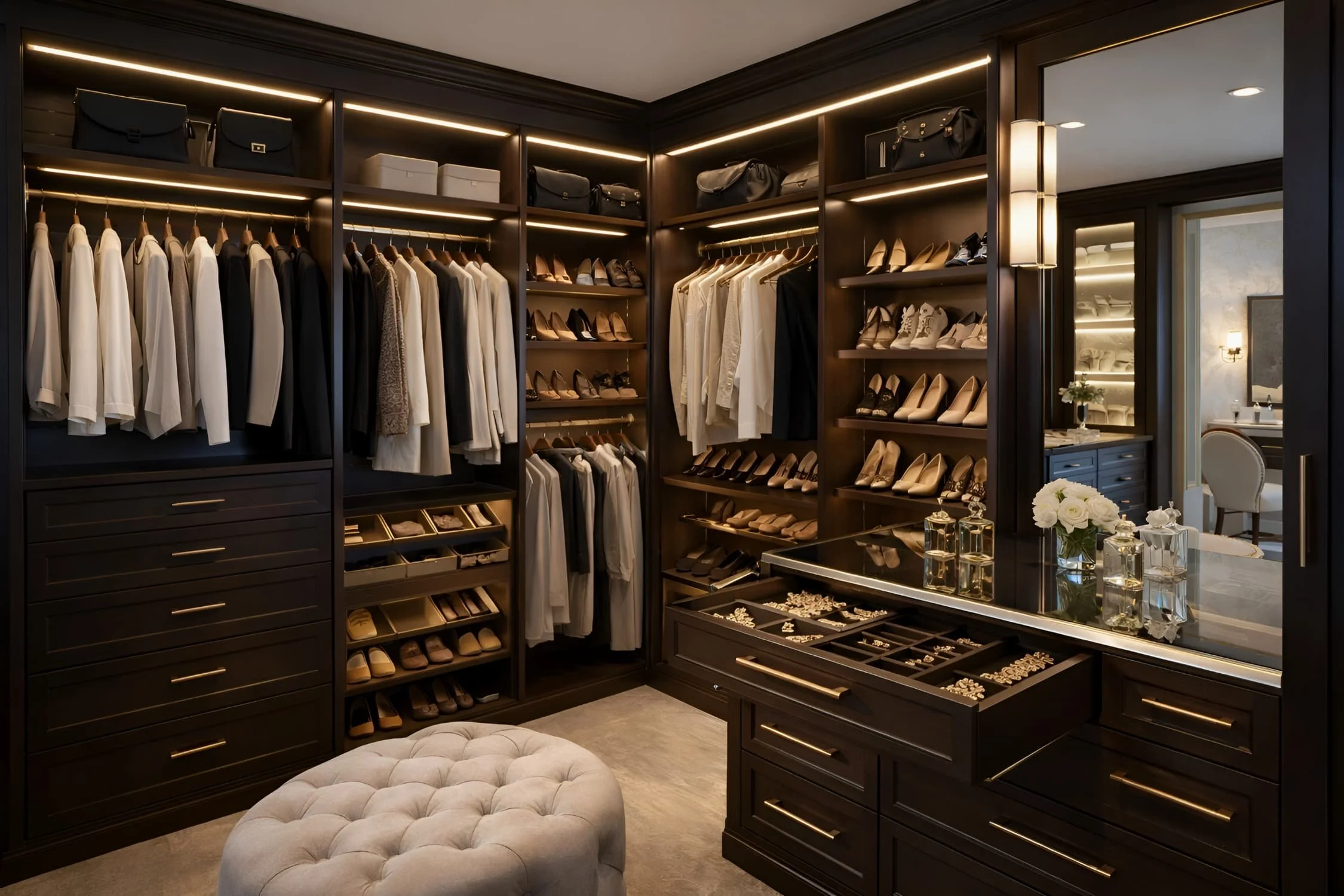 Luxury custom walk-in closet with dark wood cabinetry, LED lighting, shoe storage, and jewelry drawers designed by MDI Luxury Cabinetry