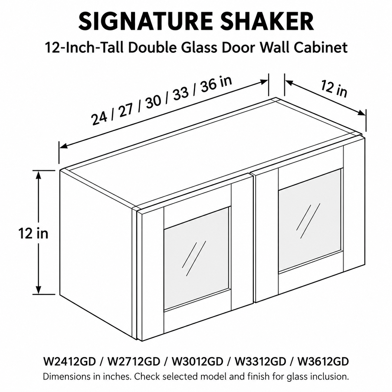 Signature Shaker 12-Inch-Tall Double Glass Door Wall Cabinet dimensions and configuration