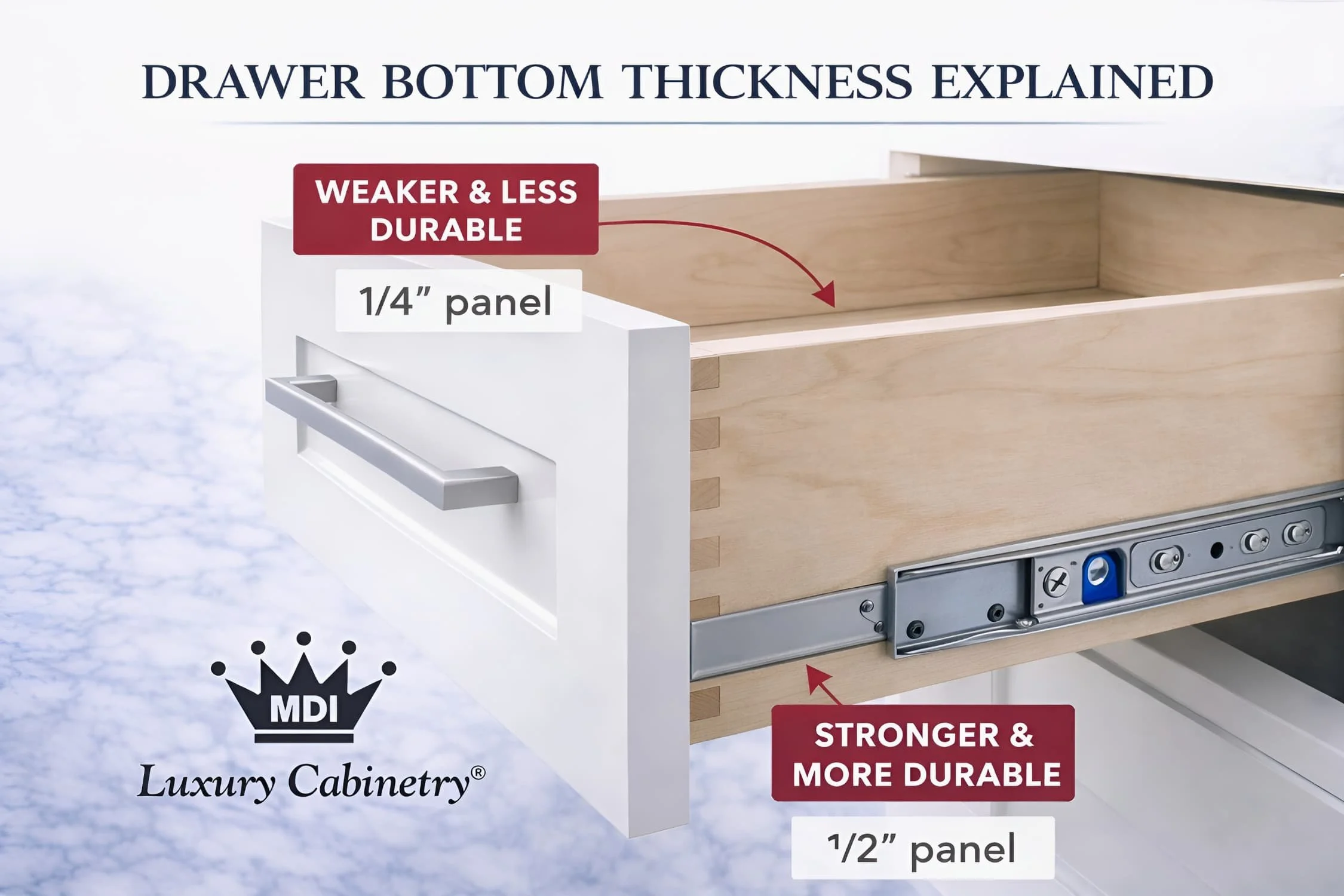 White shaker drawer with white birch dovetail construction showing 1/4 inch vs 1/2 inch drawer bottom thickness comparison for strength and durability, branded MDI Luxury Cabinetry.