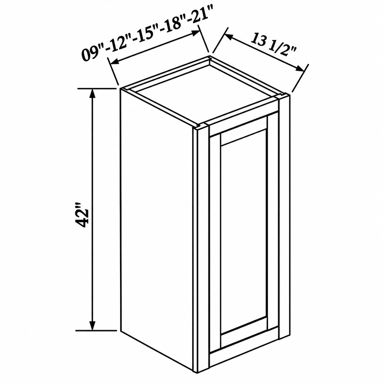 MDI Inset single-door wall dimensions: 9, 12, 15, 18 or 21 inches wide, 42 inches high and 13.5 inches deep