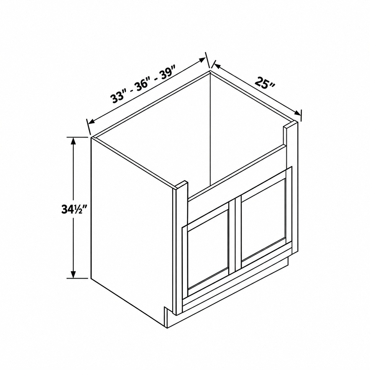 MDI Inset farmhouse sink base dimensions: 33, 36, 39 inches wide, 34.5 inches high and 25 inches deep