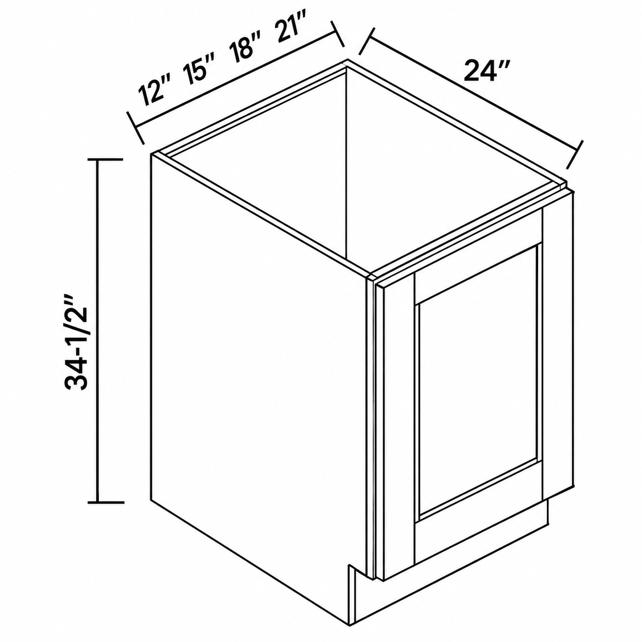 Signature Shaker full-height single-door base dimensions: 12, 15, 18 or 21 inches wide, 34.5 inches high and 24 inches deep
