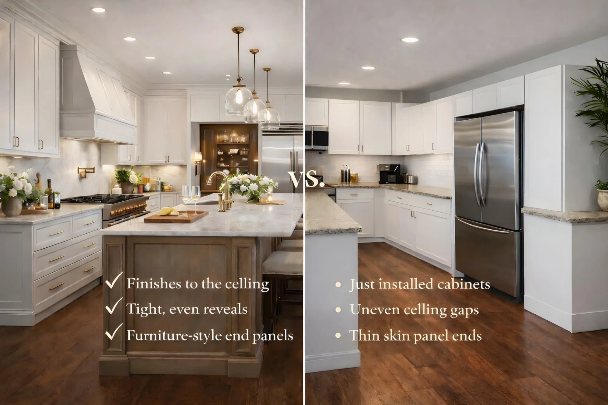 Side-by-side kitchen comparison showing full-height custom shaker cabinetry versus standard shaker cabinets with a visible open gap above the upper cabinets