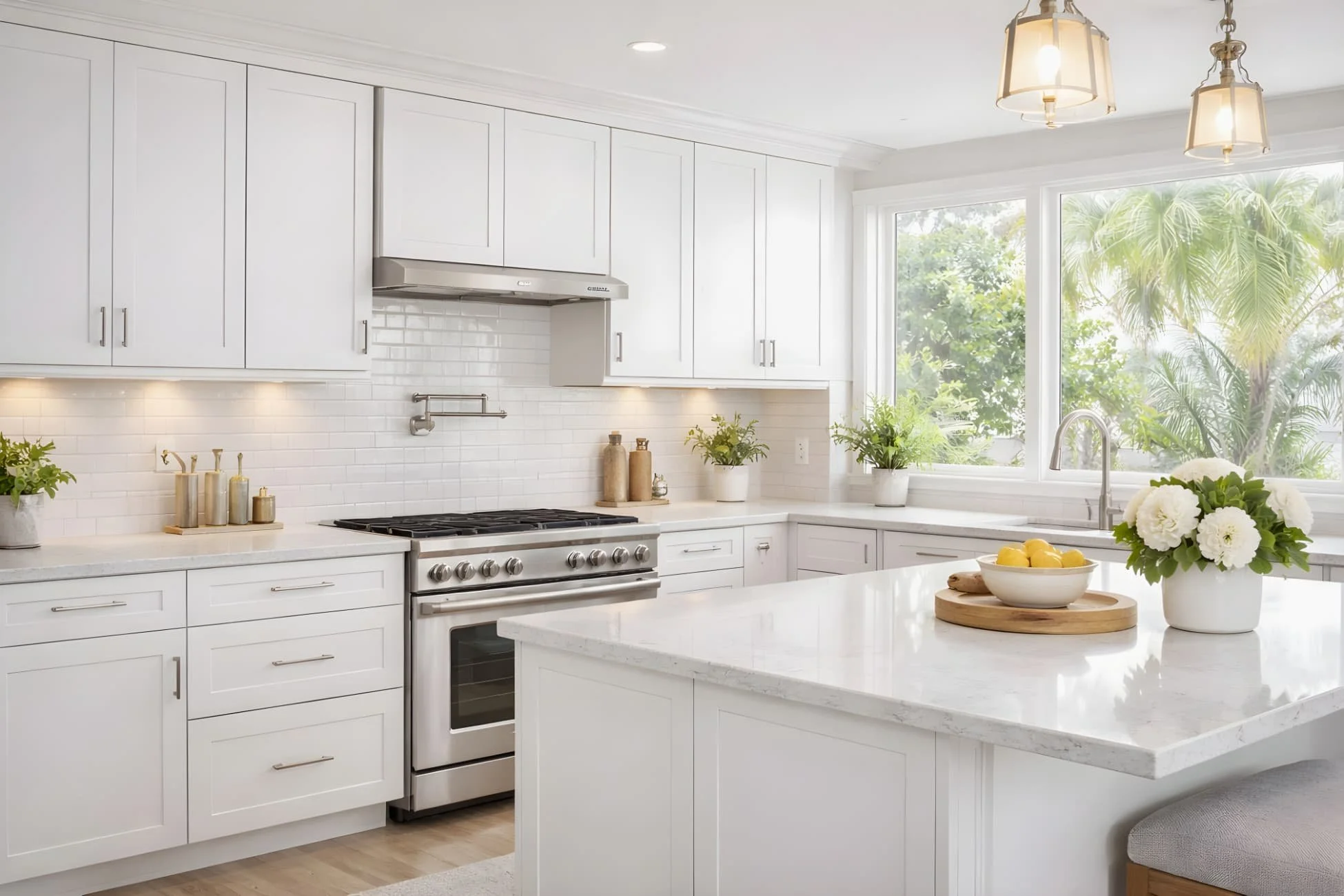 white shaker kitchen cabinet replacement in indian rocks beach florida with quartz countertops and modern coastal design