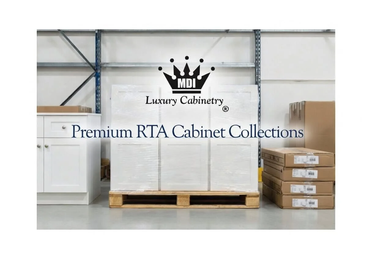 Premium RTA kitchen cabinets ready to assemble in flat pack boxes and shrink wrapped on pallet, luxury white shaker style cabinetry collection Why this is better: