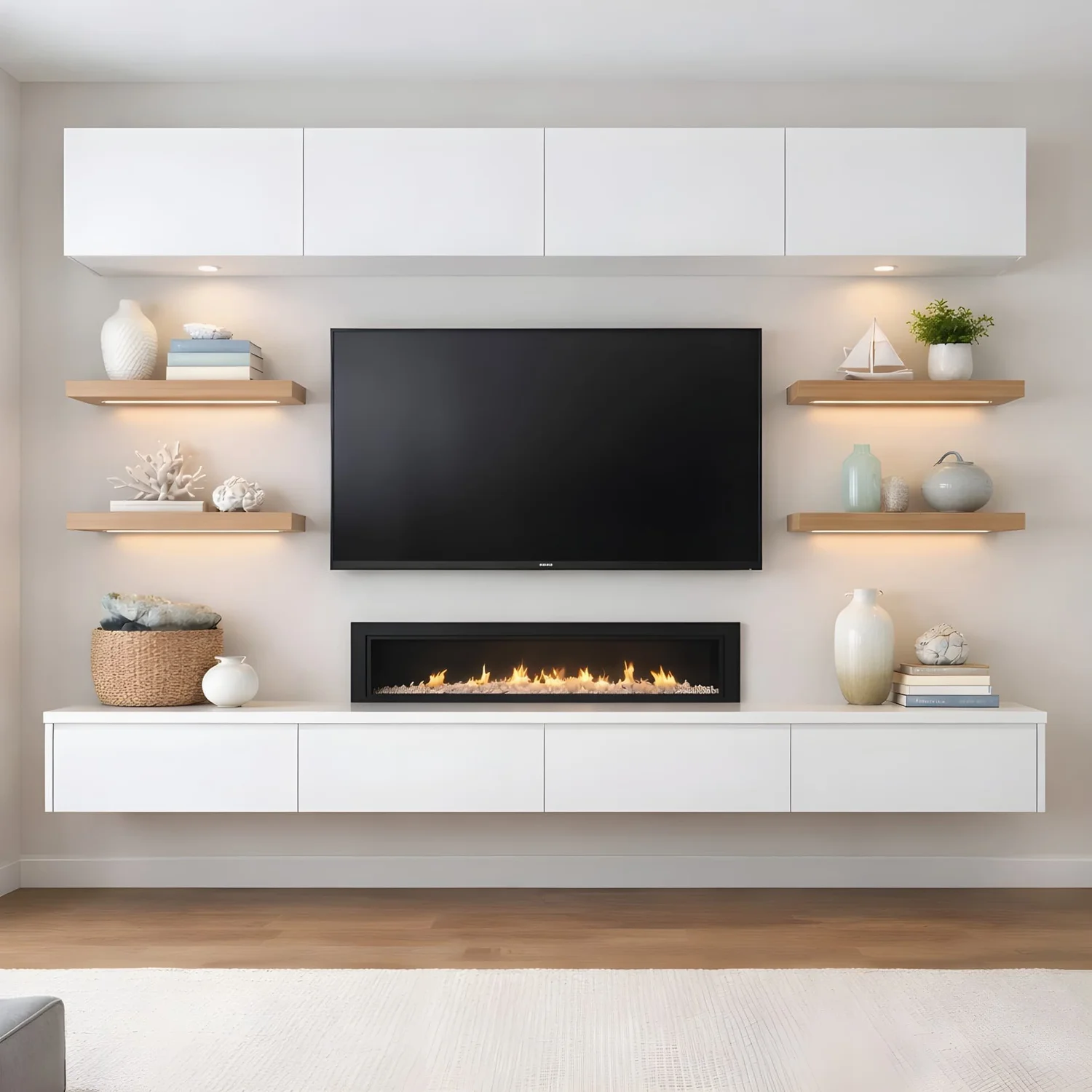 Modern floating media wall with wall-mounted cabinetry and open shelving
