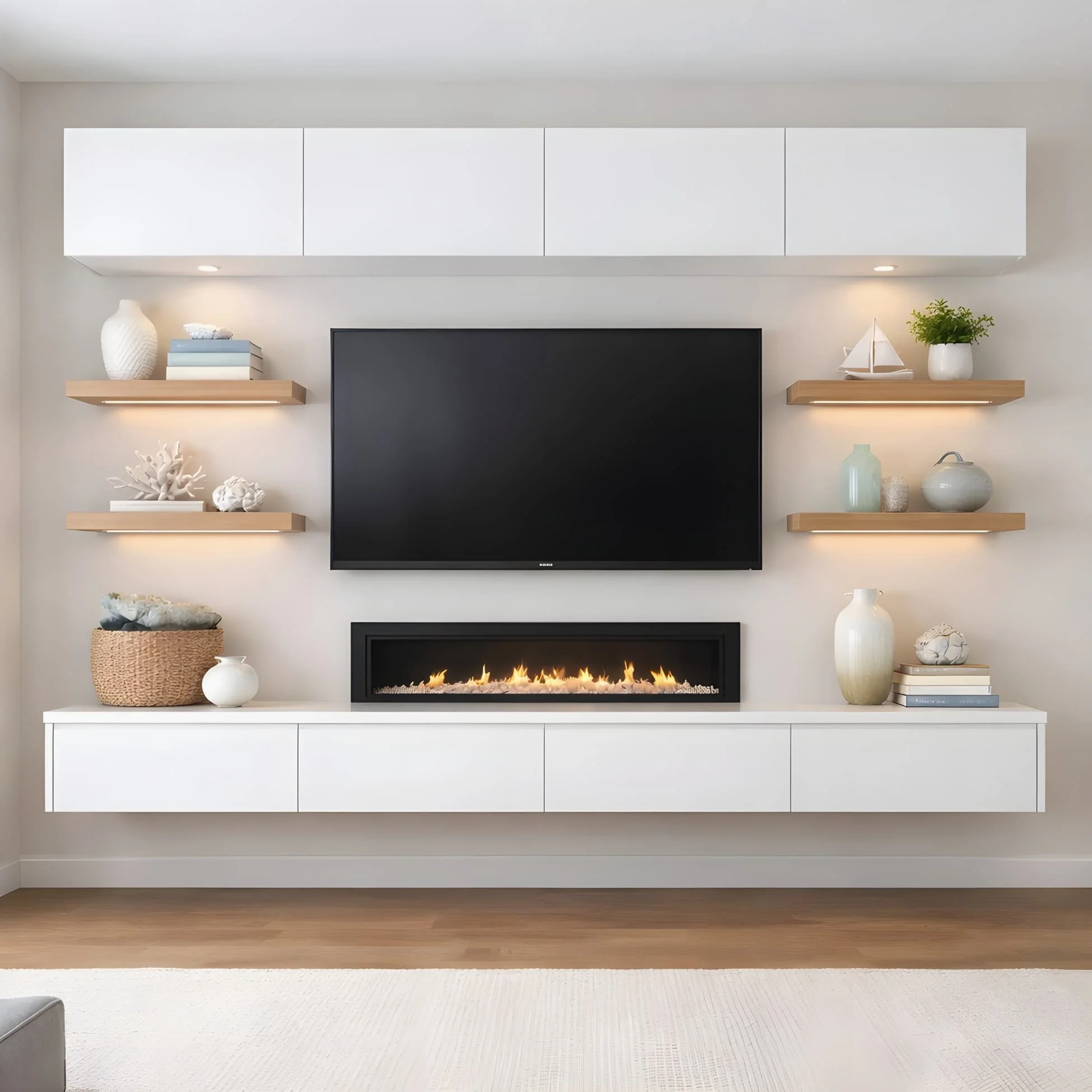 Modern floating media wall unit with wall-mounted cabinets and shelving