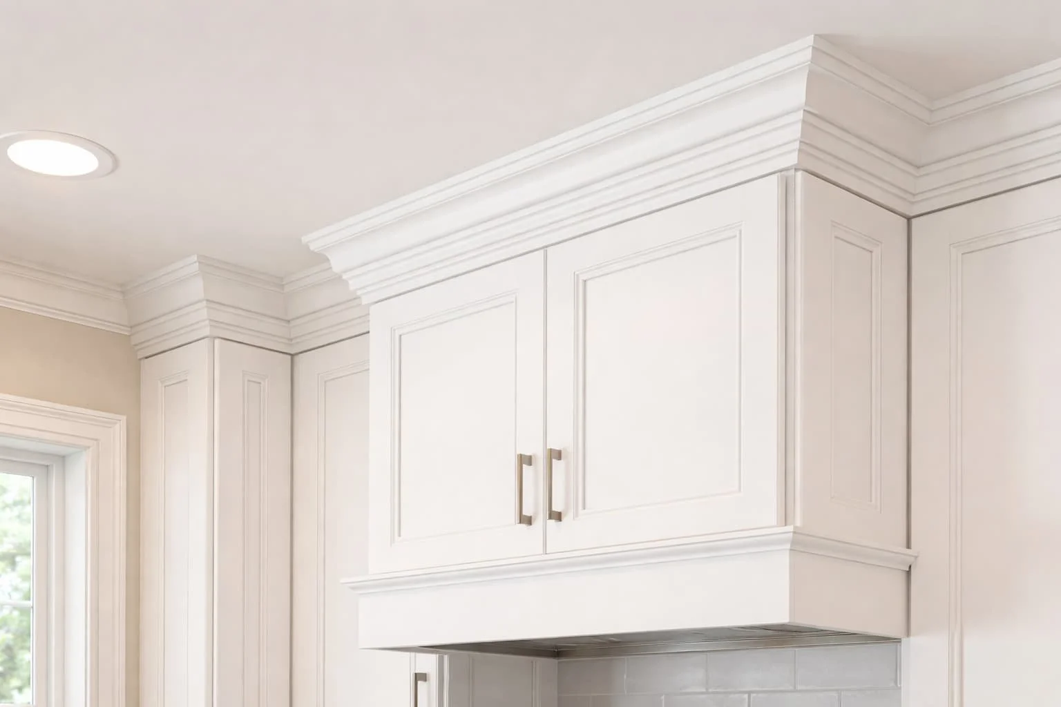 Crown moulding installed on top of white kitchen cabinets to close the gap above cabinets and create a custom built-in look
