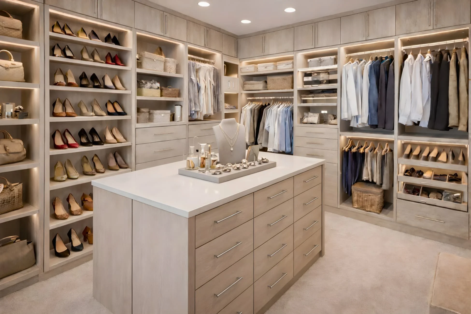 Luxury walk-in closet with custom cabinetry, shoe wall shelving, organized hanging storage, and drawer bank island with jewelry display