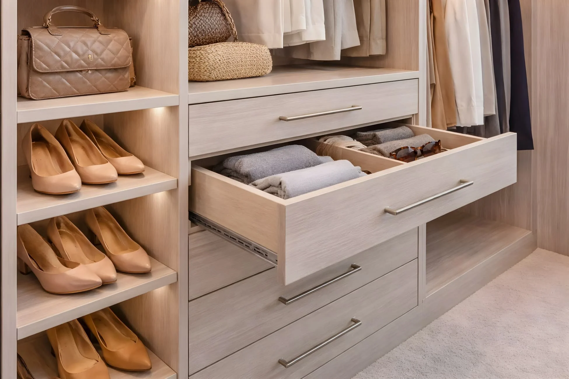 Custom walk-in closet drawer storage with soft-close cabinetry and built-in shelving