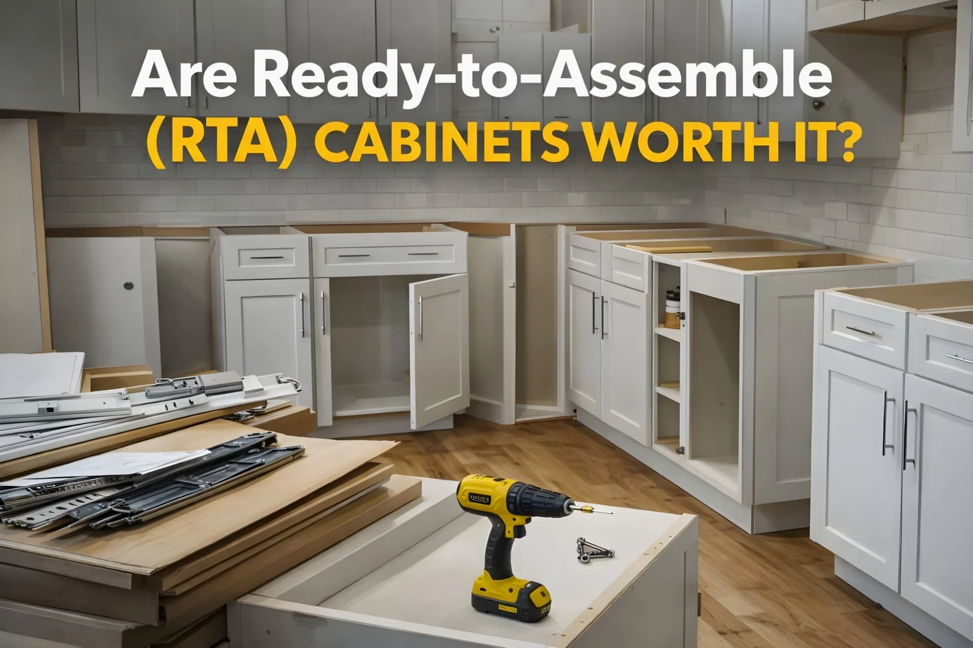 white shaker ready-to-assemble RTA kitchen cabinets being installed with cabinet boxes tools and flat-pack cabinet parts during kitchen renovation