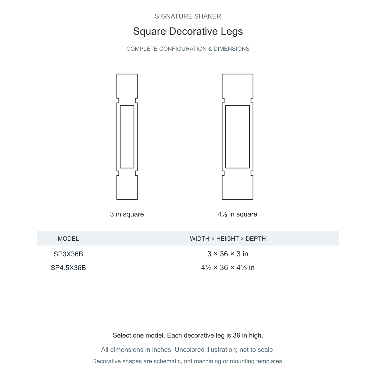 Signature Shaker Square Decorative Legs complete configuration and dimensions