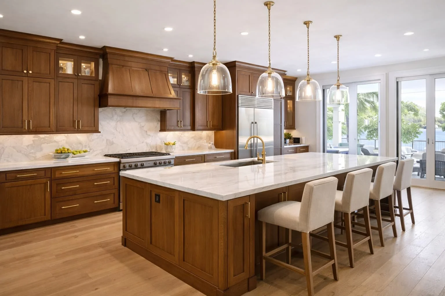 Fully custom luxury kitchen cabinets by MDI Luxury Cabinetry featuring warm wood finishes, marble island, and high-end hardware in a modern home