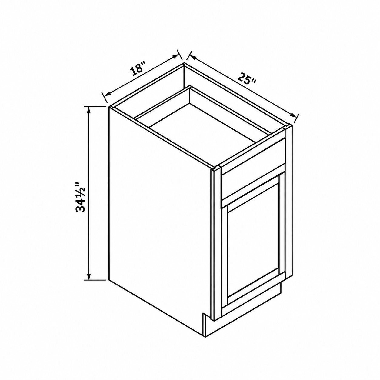 MDI Inset BWBK18-2A waste bin base dimensions: 18 inches wide, 34.5 inches high and 25 inches deep