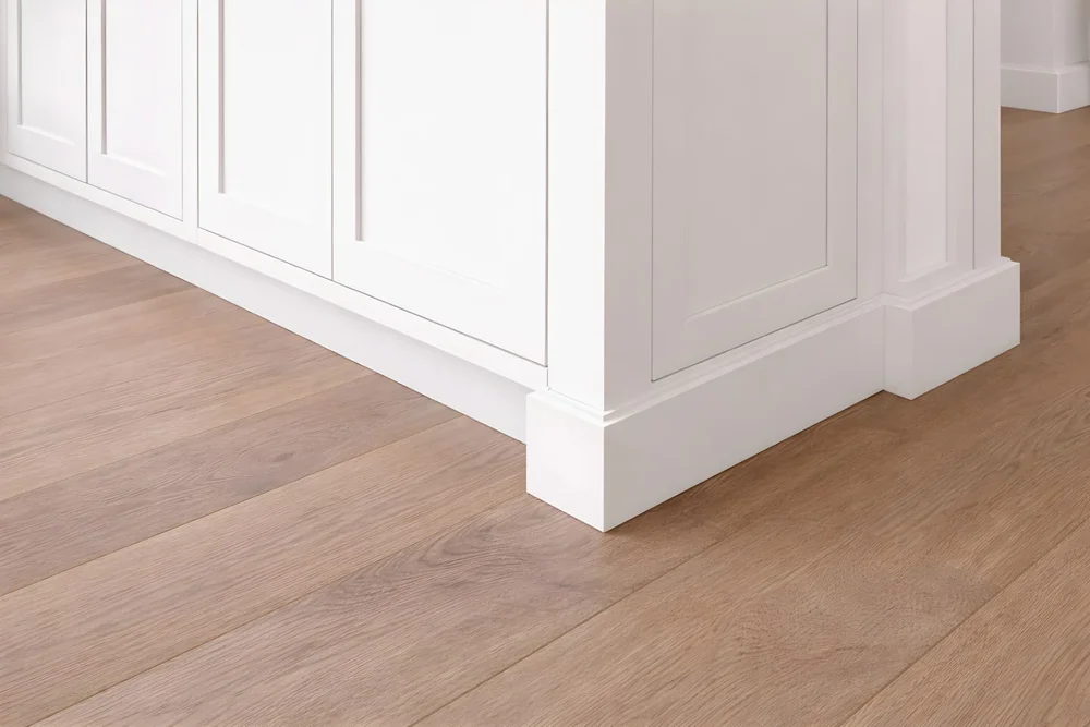 Toe-kick return meeting finished flooring cleanly