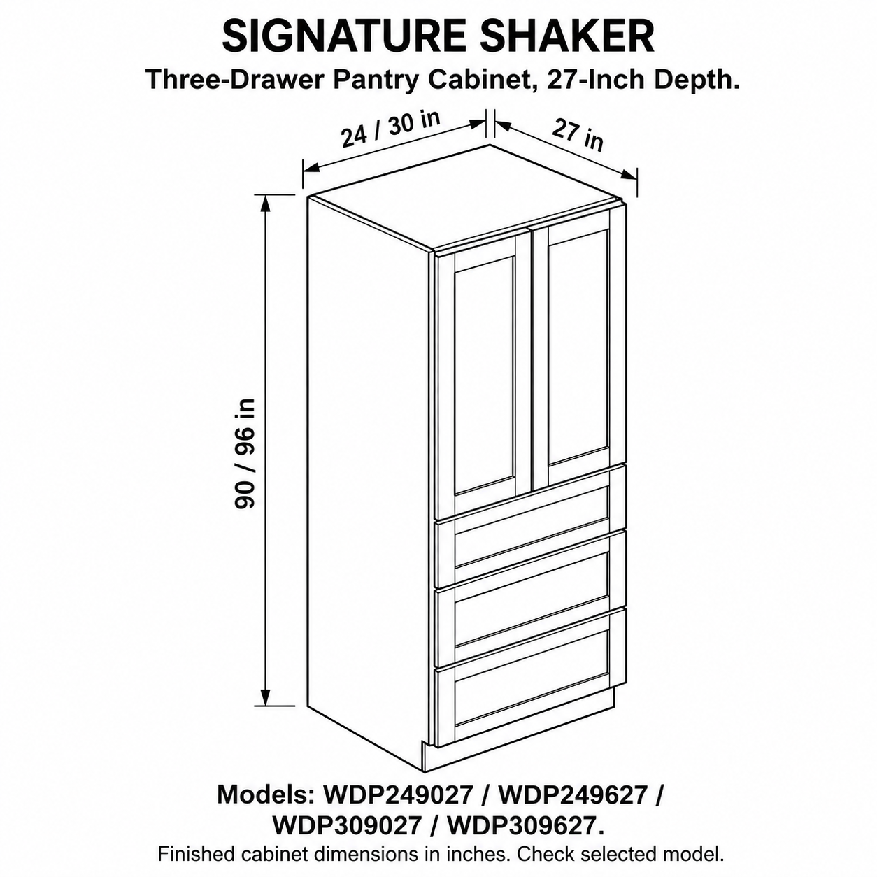 Signature Shaker Three-Drawer Pantry Cabinet, 27-Inch Depth dimensions and configuration