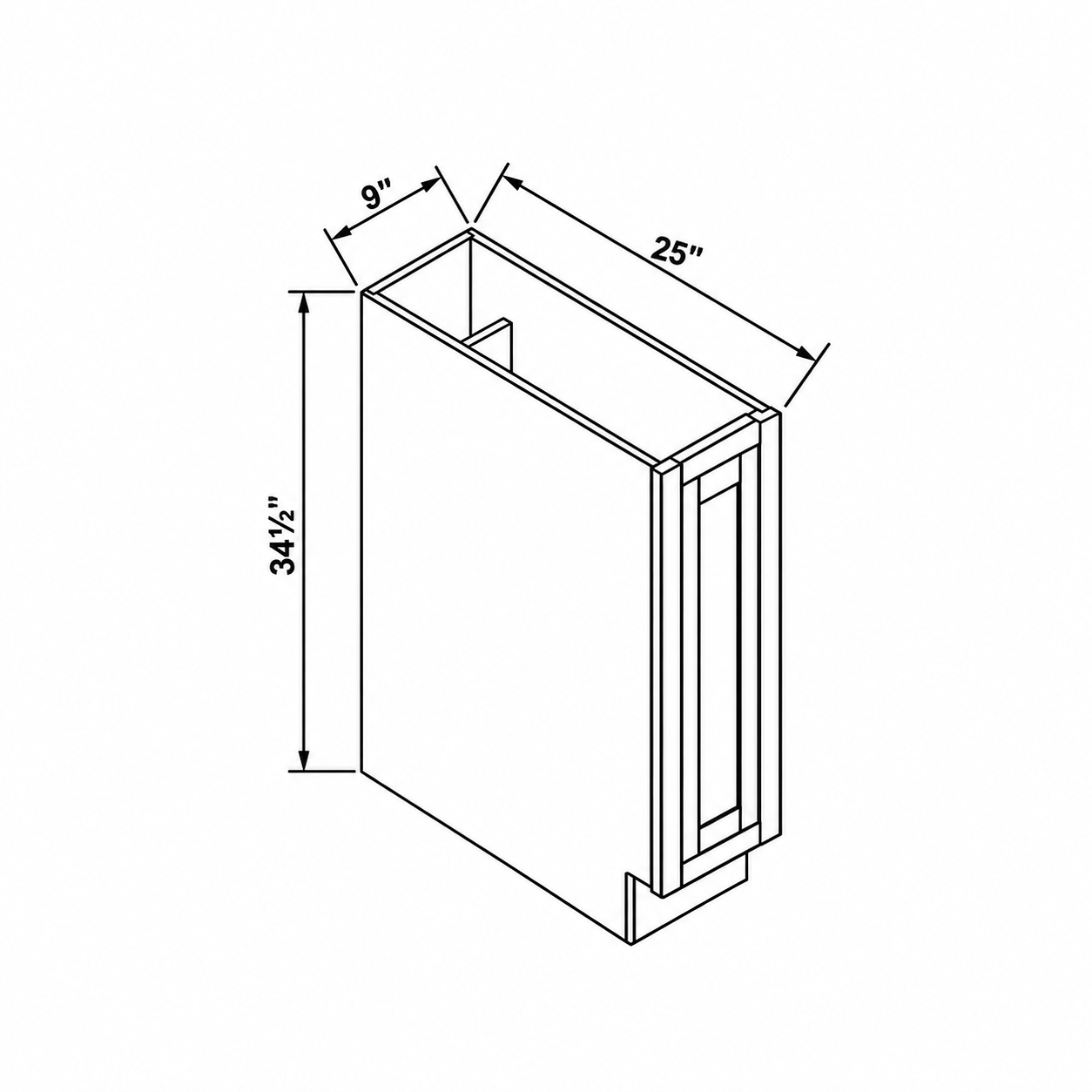 MDI Inset BSR09S spice rack base dimensions: 9 inches wide, 34.5 inches high and 25 inches deep