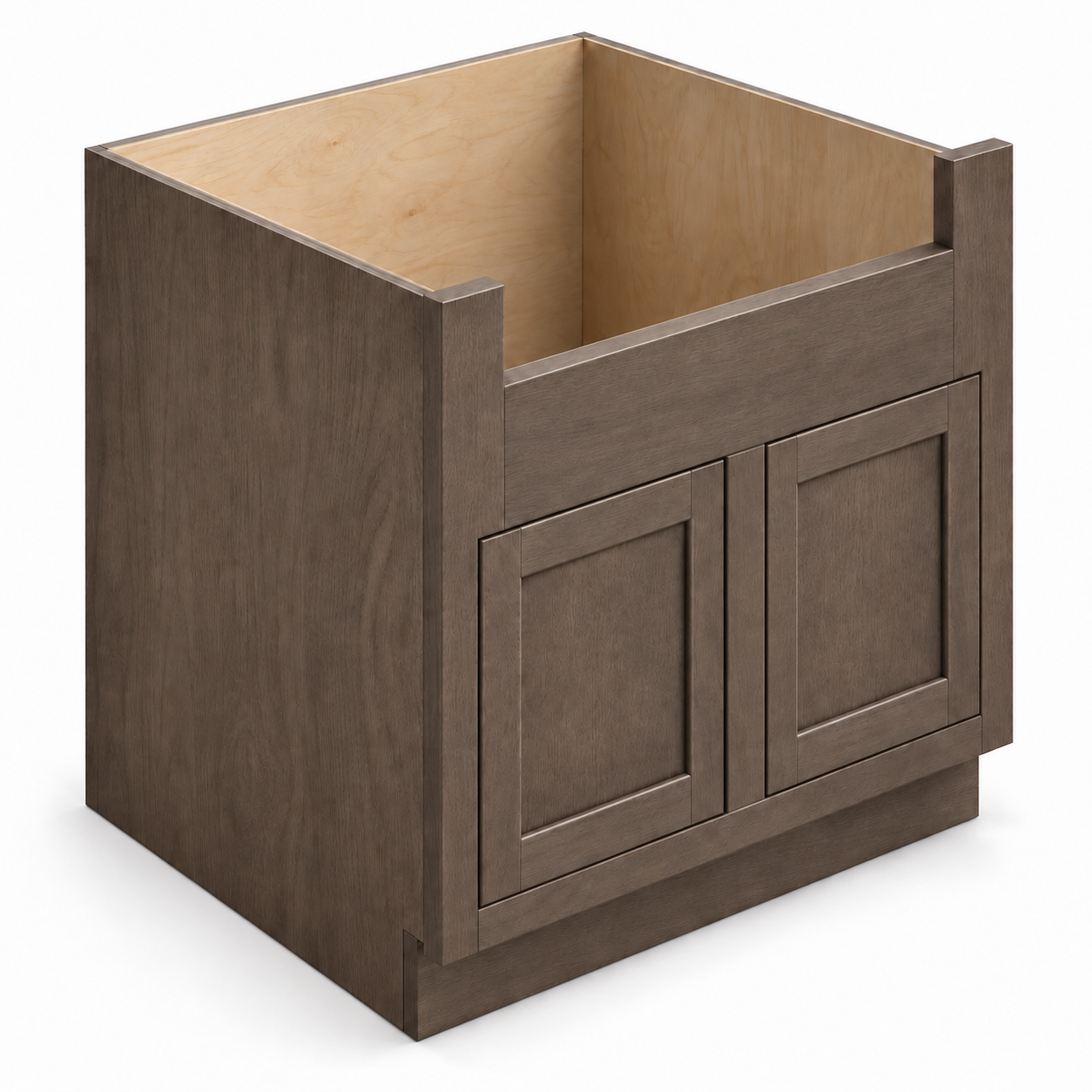 MDI Inset Truffle Brown farmhouse sink base with a U-shaped sink opening, fixed apron panel and two short inset doors