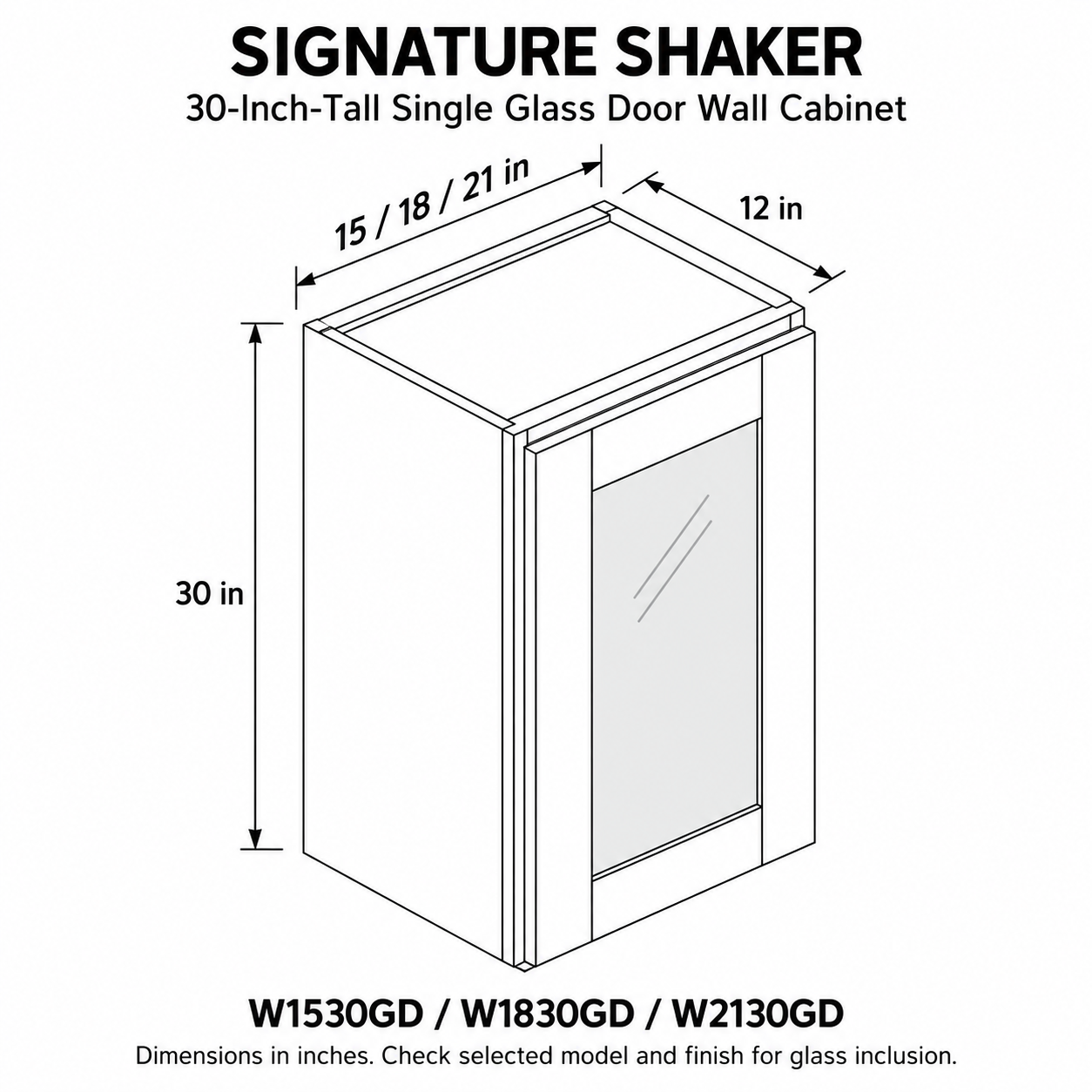 Signature Shaker 30-Inch-Tall Single Glass Door Wall Cabinet dimensions and configuration