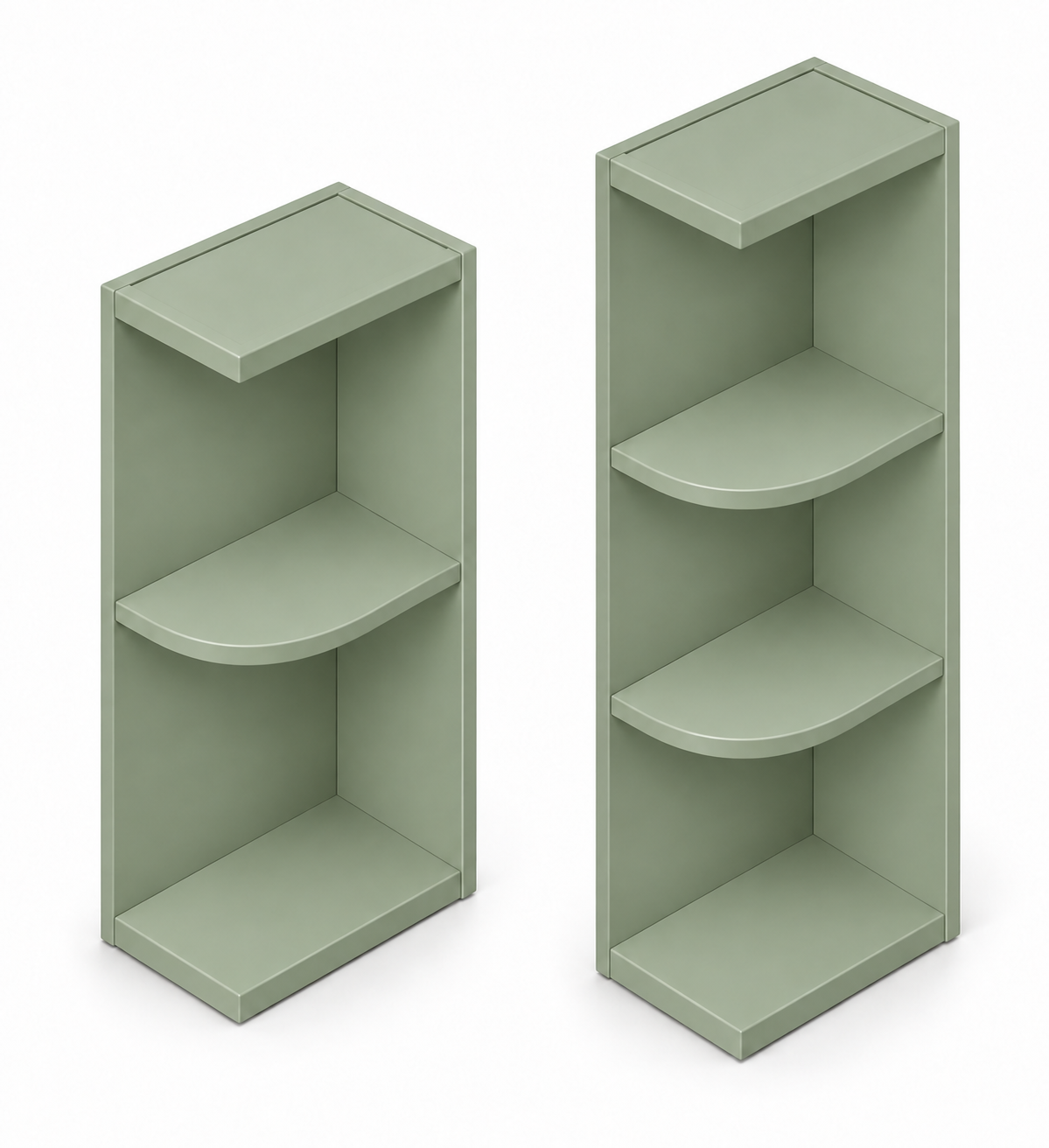 Slim Shaker decorative wall end shelves in Jade Green; one-shelf and two-shelf configurations