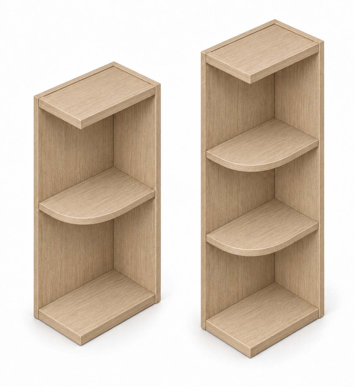 Slim Shaker decorative wall end shelves in Cotton Oak; one-shelf and two-shelf configurations