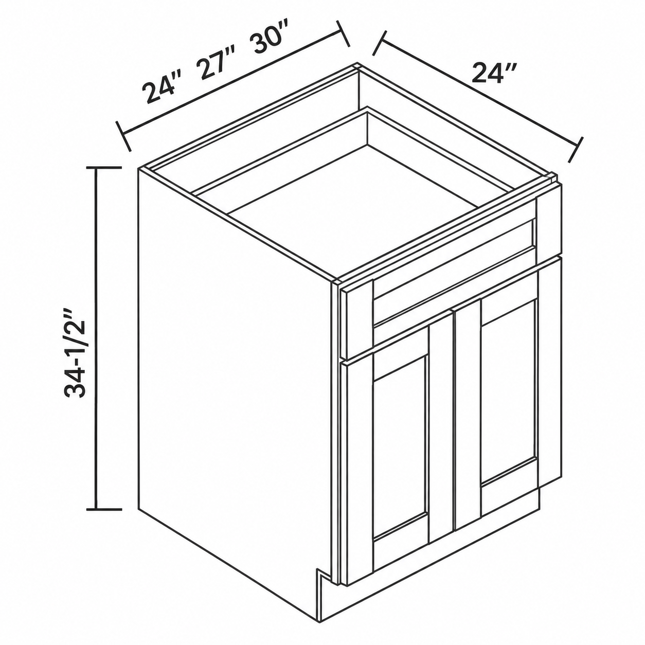 Signature Shaker two-door single-drawer base dimensions: 24, 27 or 30 inches wide, 34.5 inches high, 24 inches deep