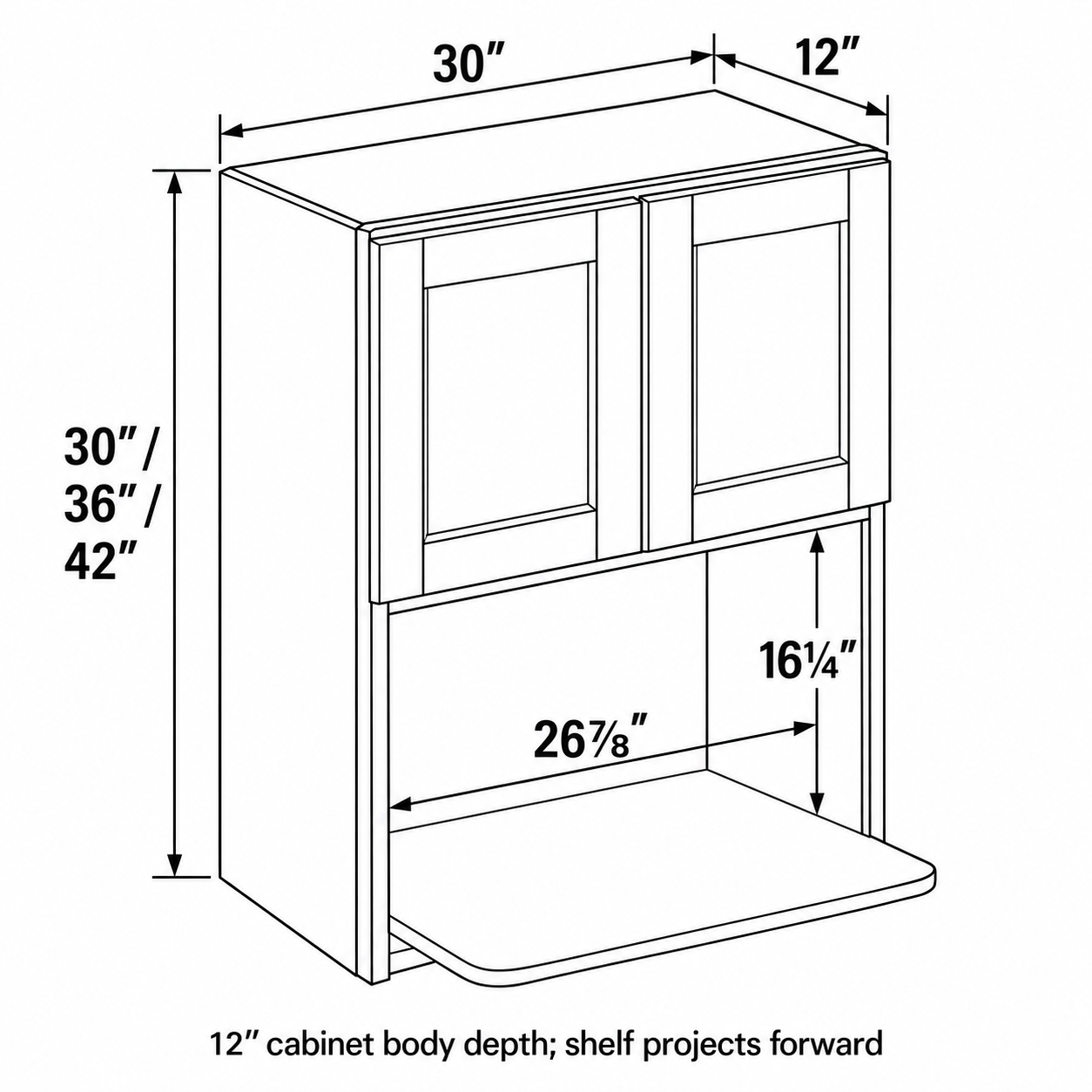 Signature Shaker Microwave Wall Cabinet, 12-Inch Body Depth dimensions and configuration
